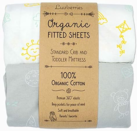 ЛУВБЕРИ - органски памучни опремени чаршафи, за стандардни душеци за креветчиња и мали деца, за бебе и дете, момчиња и девојчиња, Унисекс
