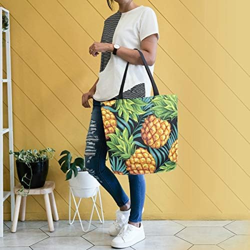 Алаза ананас со тропски палми лисја платно торба торба со врвни рачки чанти големи количини за еднократна употреба чанти памучни торби за рамо за жени за жени кои п