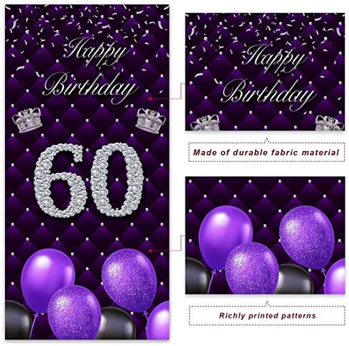 Среќен 60 -ти роденден Виолетова транспарент за позадина Фото штанд реквизити балони сребрена круна тема декор за жена шеесетгодишнина