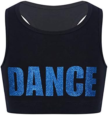 Yonghs Kids Girls Sports Crop Top Rolleverce Racer Back Shiny Letters Dance Printed Ballet Dance Top Top Top