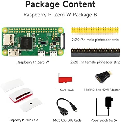Комплет за развој на бранови на бранови Тип Б Компатибилен со пакет Raspberry Pi Zero W со микро TF картички адаптер за напојување Официјален случај и други основни компонен