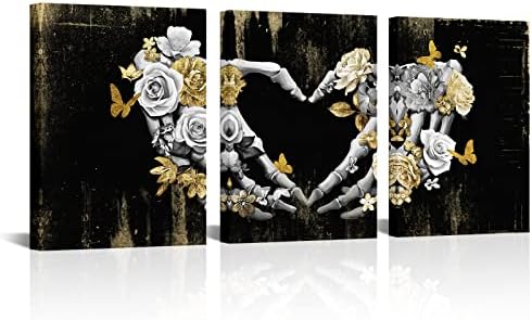 Атговац Готски wallиден декор Црн и златен романтичен череп loveубовен декор за срце, готва соба декор, врамена платна wallидна уметност подготвена за виси