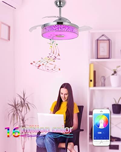 Светло на вентилаторот на таванот со зима со сечила што може да се повлече и далечинскиот управувач со тавани со Bluetooth со музички звучник затворен 7 Промена на боја 6