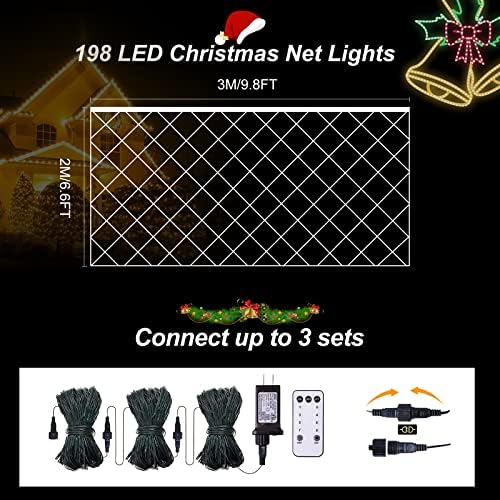 Божиќни мрежни светла 198 LED 9,8ft x 6,6ft надворешно решетка жица светла водоотпорни 8 режими далечински управувач Божиќни украси за грмушки
