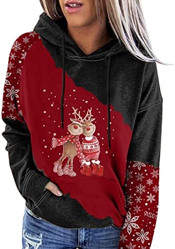 Божиќни дуксери за жени Симпатични џемпери за снежни врнежи од снежен човек, Божиќни бои со долги ракави со качулка, врвови со џеб со