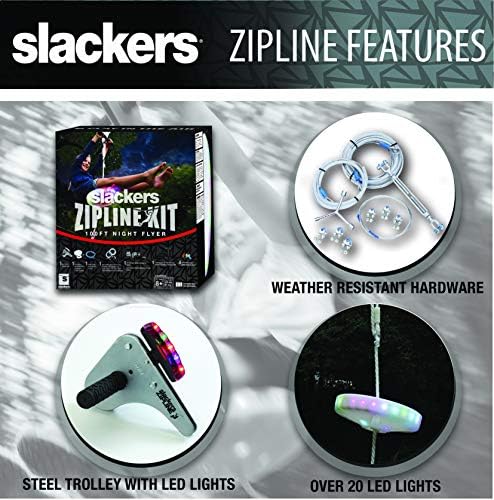 Slackers 100 ft LED Night Night Riderz Series Zipline комплет - комплет за поштенски линии со безбедносен систем за сопирање и