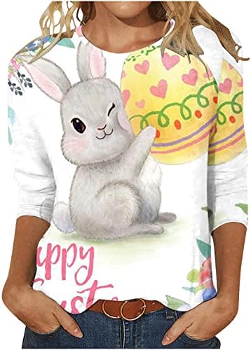 Среќна Велигденска маица со 3/4 ракав за жени модни печатени обични маички кошули со тркалезни летни маички врвни влезови
