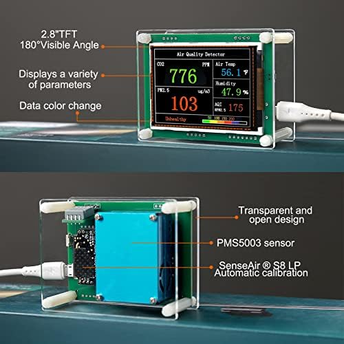 Монитор за квалитет на воздухот Hotkrem 5-во-1, детектор за јаглерод диоксид CO2, CO2 монитор, PM2.5 PM10 PM1.0 Детектор, метар, температура и влажност, за растат шатори, домови, авт?