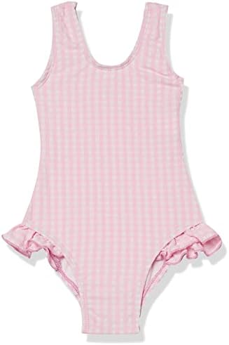 Flap Среќни бебе девојки upf 50+ Делани Хип Руфл Едно парче костим за капење, розов гингамски seersucker, 18 месеци САД