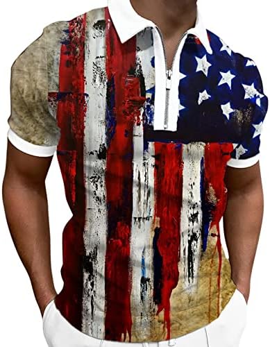 Гроздобер поло маици за мажи патриотски кошули 4 -ти јули Американско знаме лето случајно релаксирачки вклопат зип врат голф Полос