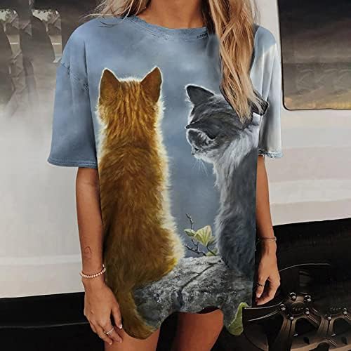 Narhbrg женски преголеми маици слатки 3D мачки графички блуза Краток ракав лето лабава обични маички врвови на туника