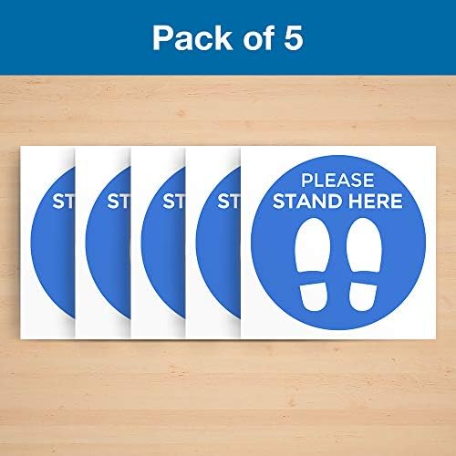 Социјални знаци на подот за дистанцирање - пакет од 5 налепници - Сина боја тука дизајн - 12 инчен круг - само затворен - отстранлив лепило винил - етикети преку Интерне?