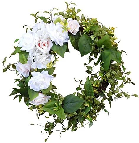 Хаут декор розова и бела роза и хидрангеа цветни и зеленило венец со природна база на грозје за пролет, декор на летни врати - дијаметар од 24