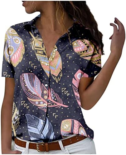 Женски мода 2023 Обични копчиња за печатење со краток ракав за кратки ракави, врвни врвови за празници на блуза