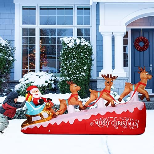 Декорации за Божиќни надувувања широки 9 стапки, весели Божиќни надувување на Дедо Мраз и ирваси на санки со изградба во LED Божиќ, отворено
