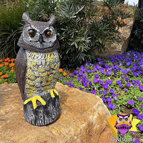 Owlsome Solar Owl со светкави очи, ротирачки глава, звук на звук, детектор за движење и тивок режим, пластична градинарска скулптура, градинарска декорација
