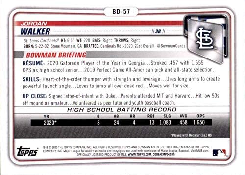 2020 Bowman Draft #BD-57 Jordan Walker St. Louis Cardinals Бејзбол картичка