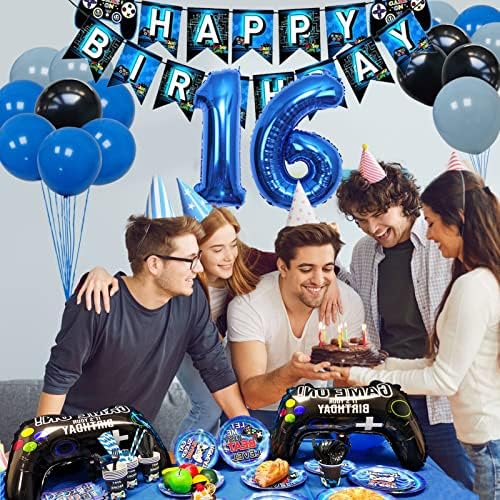 Vlipoeasn 16 -ти роденденски видео игра Снабдува сини 16 -ти роденденски украси за момчиња, хартиени плочи за еднократна употреба, салфетки, чаши, чаршав, висини вртења и с?