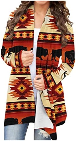 Womenенски палто со средна должина Западен етнички етнички печати врвови Ретро обичен Ацтек Печати со долги ракави кошула кардиган со врвот на