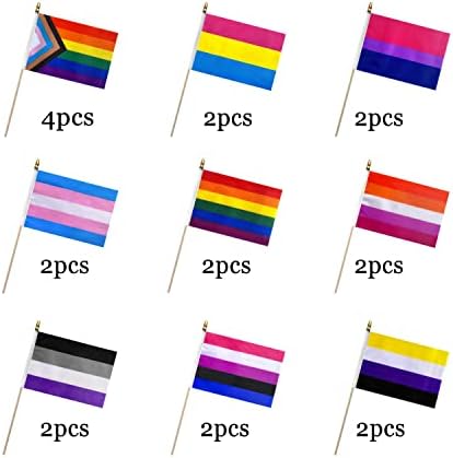 Lovevc Progress Rainbow Gride Stick Flag Постави мала мини рака држена ЛГБТК инкрузивни знамиња за паради, Марди Грас, 5х8 инчи, 20 пакувања