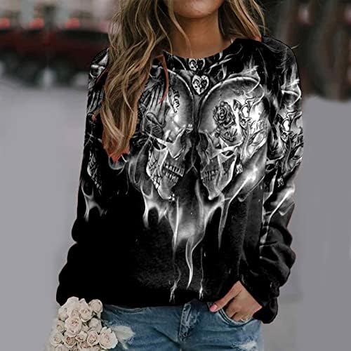 Beuu Horror 3D череп кошули за печатење џемпери за Ноќта на вештерките костуми за жени, џемпер, обична новинска графичка графичка графичка