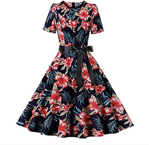 Завиткајте фустани за жени летни женски гроздобер печати коктел фустани со кратки ракави за замав, фустани за затрупување макси