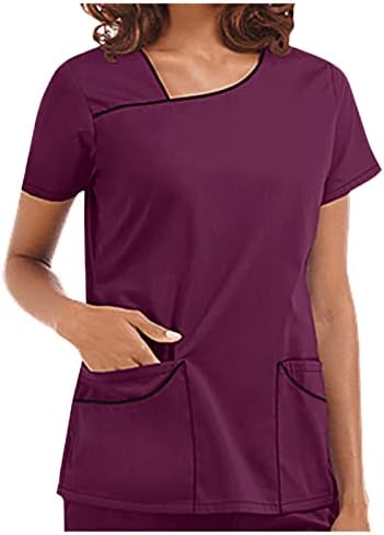 Womenените врвови со цврста боја V вратот маица Униформа со кратки ракави кошули летни медицински сестри работна облека блузи со џеб