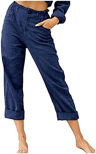 Panенски капри панталони со џебови со цврста боја на еластична половината панталони лабави ленени ленени панталони со џебови