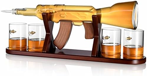 Голем Пиштол Виски Декантер Од Страна На Дијамант Стакларија | Доаѓа Со Сет Од 4 Куршум Очила &засилувач; Махагони Дрвена База| Декантер