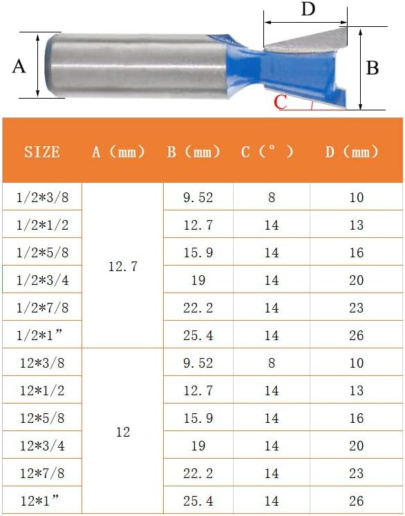 6pcs 12 mm Shank 1/2 Dovetail Bits на зглобот рутер Поставете 14 степени гравура за гравура за гравура за мелење за мелење за дрво