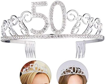 50 -ти роденденски украси за забава, роденденски тијара и појас бел сјај сатен Саш и Кристал Тијара Роденденска круна за 50 -ти роденденски материјал