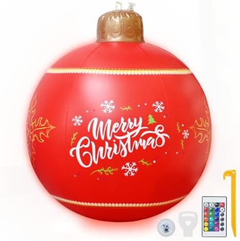 24 инчи Божиќна топка на надувување на отворено со LED светло и далечински и приклучок за приклучок, XMAS DAIOR ГОЛЕМИ ПВЦ декорации за елката