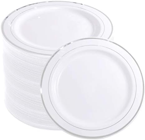 ВЕЛИФЕ 144 Парчиња Сребрени Пластични Чинии За Десерти, 7,5 инчни Чинии За Салата За Еднократна Употреба, Врвни Бели Чинии За Предјадење Со