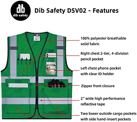 Безбедност на DIB Безбедност Рефлективна елек со голема видливост со џебови и патент, зелена м