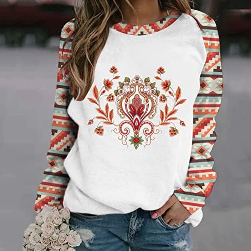 MTSDJSKF џемпер за жени обични кошули со долг ракав Западен Ацтек Печати лабави врвови есен зимски модни екипи на вратот на вратот