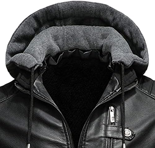 Машка фаукс кожена јакна со качулка гроздобер пу -мото -ветерно качулка палто зимско топло руно наредено јакна за мотоцикл