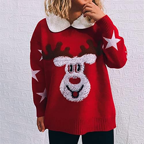 Грд божиќен џемпер за жени со кои се обиколи случајни џемпери за лабава печатење тинејџерки со долги ракави, плетени врвови на врвови