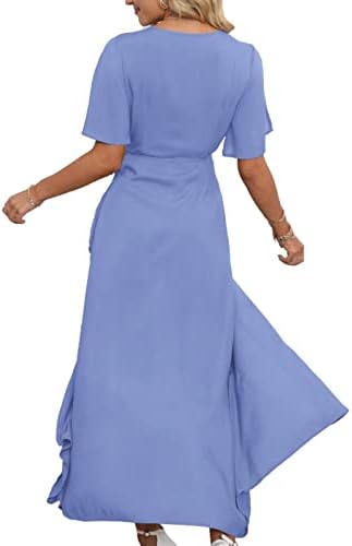 Женски фустани со кратки ракави кратки ракави за женски кратки ракави V вратот Тенок фустан за обвивки за жени