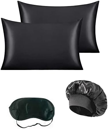 2 црни сатенски перници - кралица сатенски перници - сатенска црна хауба за коса и кожа - сатенска црна маска за очи
