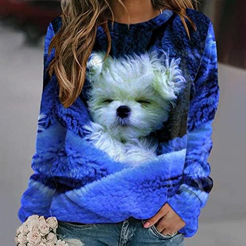 Oplxuo Жените Симпатична 3d Куче Печатење Дуксери Блузи Лабава Вклопуваат Долг Ракав Пуловер Повик Круг Вратот Блуза Кошули За Тинејџерка