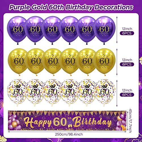 60-Ти Роденден Украси, Виолетова Злато Среќен 60-Ти Роденден Двор Банер, Виолетова 60-Ти Роденден Балони За Жени Мажи 60-Годишнината Роденден