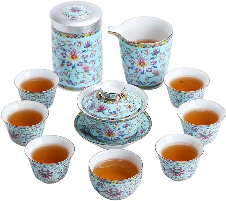 Емајл Кунг Фу чај сет кинески висок 珐琅彩 功夫 茶具 中式 高端 轻奢 家用 小套 办公室 会 客泡 茶盖碗