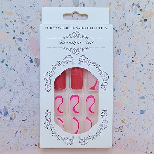 Роуз Црвен печат на нокти со средна должина плоштад лажни нокти Акрилен ковчег Комплетна лепак за покривање на дизајнирање на нокти со розови