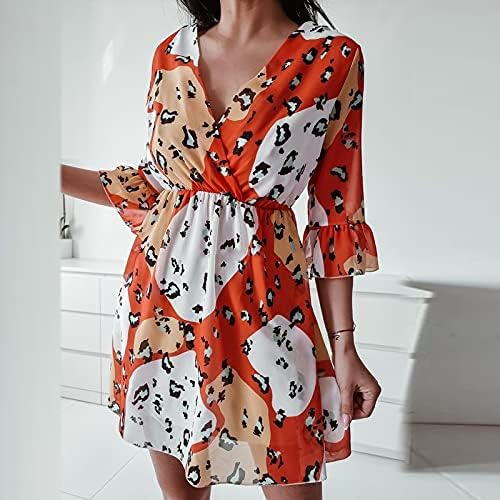 Женски летен фустан леопард печатење v вратот половина ракав половината со двојно слој полите лабави мини кратки фустани #