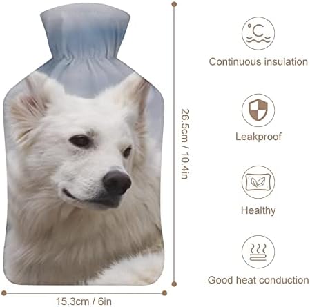 Шише со топла вода со бело куче со мека покривка за топла компресија и ладна терапија олеснување на болката 6x10.4in