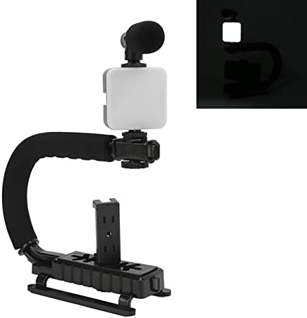 Plplaaoo рачна рачка U Grip со вграден во стерео микрофон, LED светло и стабилизатор на додатоци за камера за камера, паметни телефони, паметни телефони