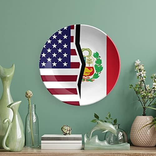 Американско И Перуанско Знаме Гроздобер Дизајн Коска Кина Декор Плоча Со Штанд Круг Декоративна Плоча Дома Нишање-Плоча