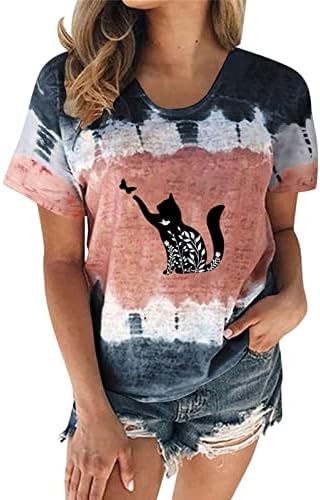 Врзана боја маица женски животински мачки графички мачки врвови 2023 летен круг на кратки ракави со кратки ракави блуза за тинејџери за тинејџери