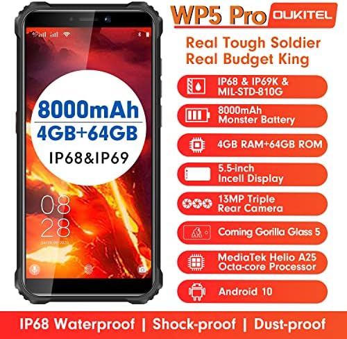 OUKITEL WP5 Pro Солиден Отклучен Паметен Телефон, 5.5HD+ Екран, 8000mah Батерија Солиден Мобилен Телефон, 4GB+64GB Android, IP68 Водоотпорен 4G