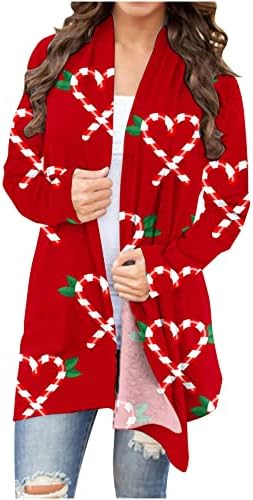 Женски симпатичен Божиќен кардиган Смешна санта Божиќна празничка забава за забави палто за надворешни работи со долга ракав лесен